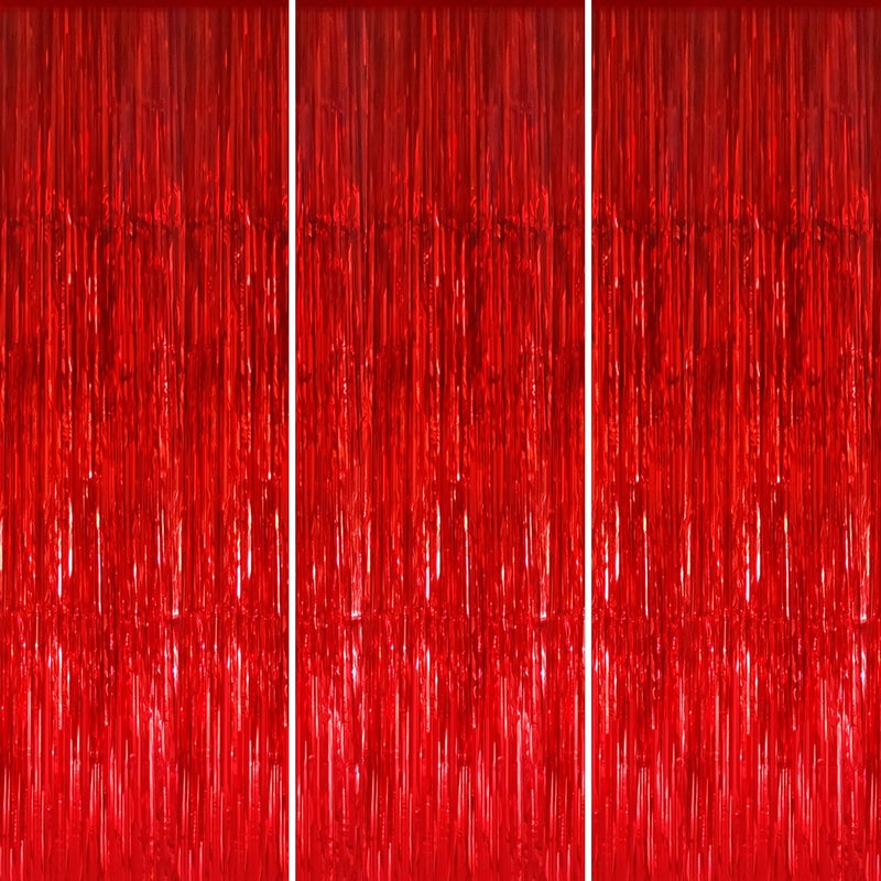 GOER 3.2 ft x 8.2 ft Metallic Tinsel Foil Fringe Curtains Party Photo Backdrop Party Streamers for Birthday,Graduation,New Year Eve Decorations Wedding Decor (3 Pcs, Red) - Image 1